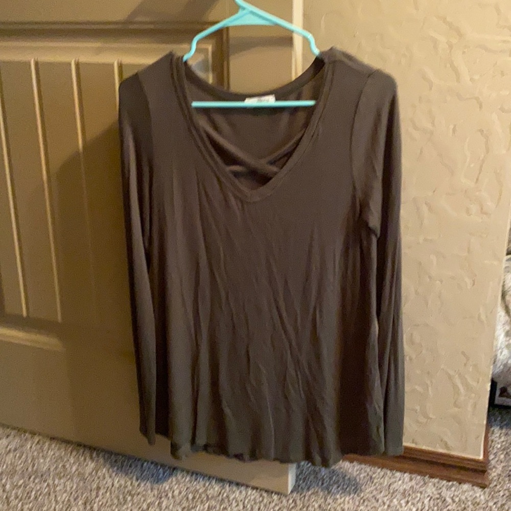 One grey and one olive long sleeve shirts